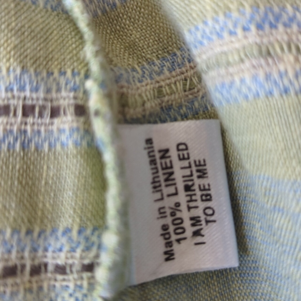 Flax Linen V Neck Striped Green Blue Dress L - Picture 13 of 14